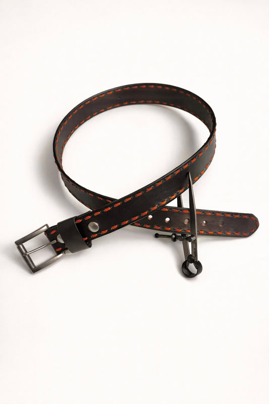 Dark Brown Buckstitched Leather Belt (Tan Kangaroo Leather)
