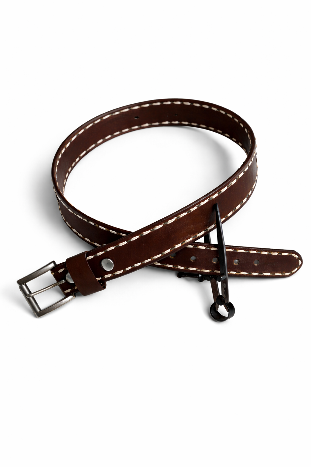 Dark Brown Buckstitched Leather Belt (White Kangaroo Leather)