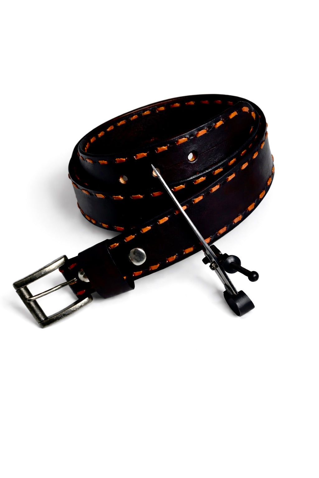 Black Buckstitched Leather Belt (Tan Kangaroo Leather)