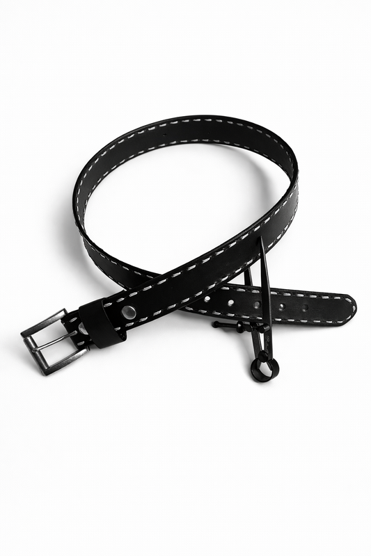 Black Buckstitched Leather Belt (White Kangaroo Leather)