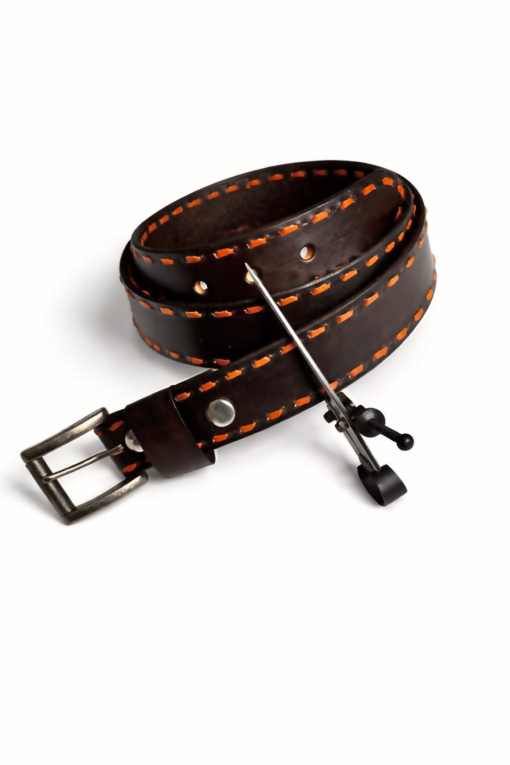 Dark Brown Buckstitched Leather Belt (Tan Kangaroo Leather)