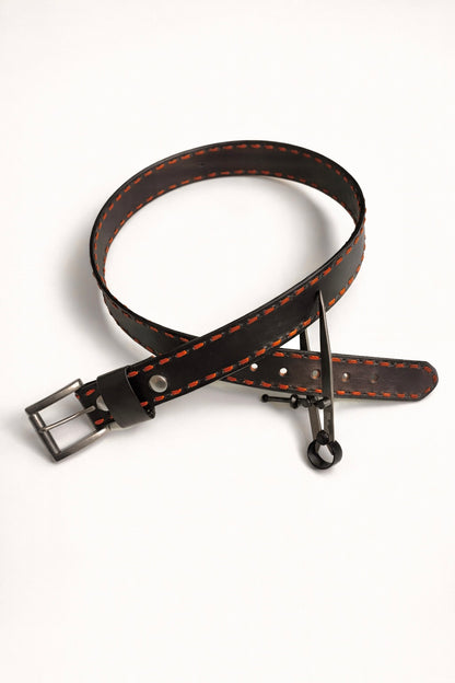 Dark Brown Buckstitched Leather Belt (Tan Kangaroo Leather)